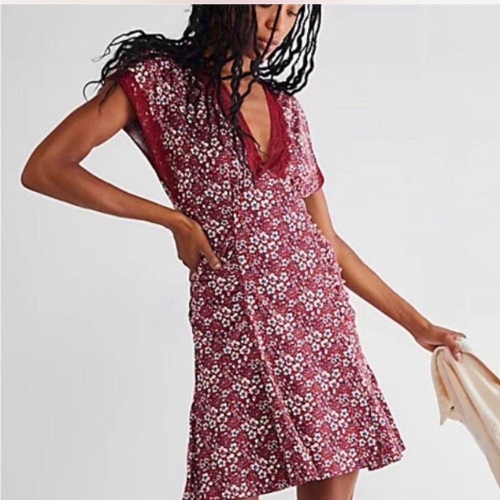 Free People Red Floral Lace Trim Mini Dress Open Back Boho Sz.S-flaw